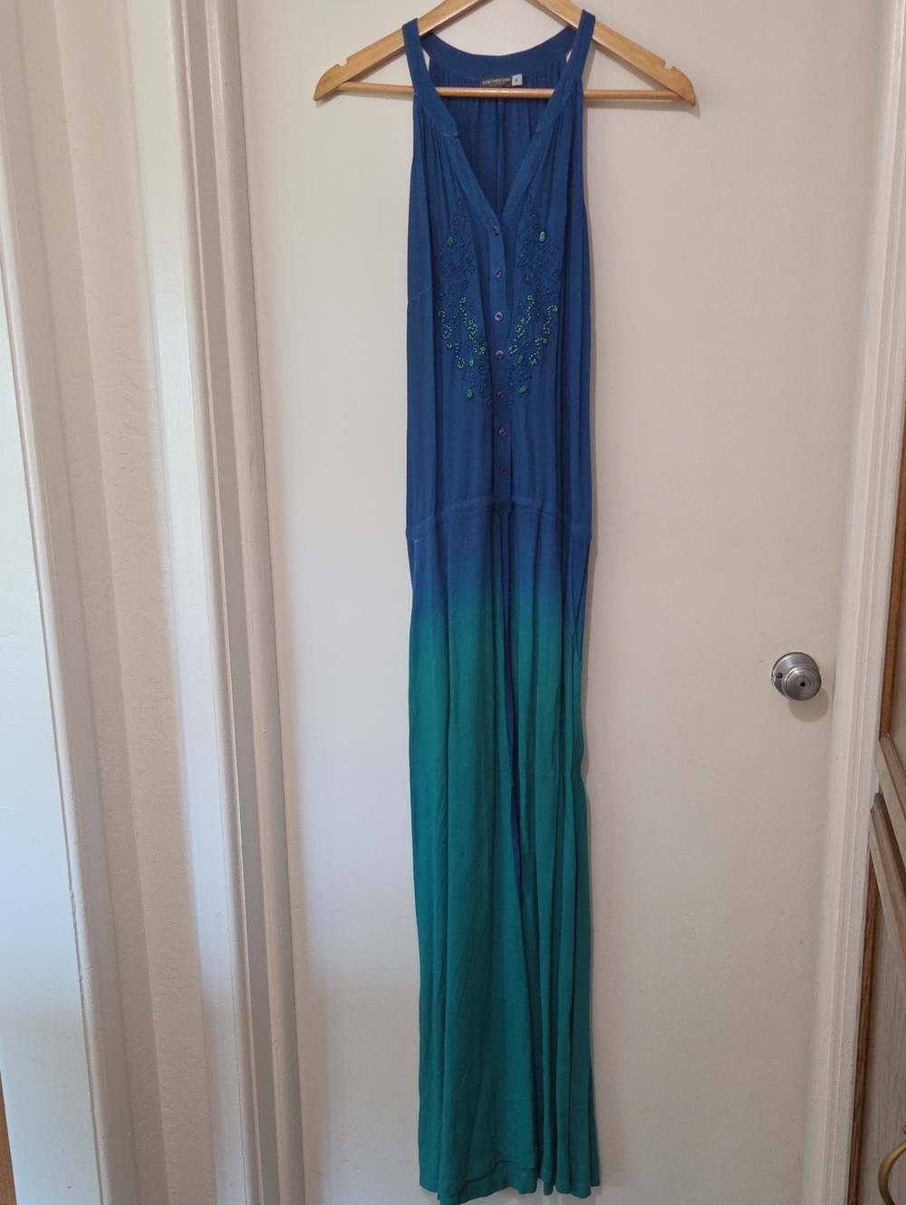 Earthbound Blue-to-Teal Ombre Sleeveless Dress with Embroidered Detail
